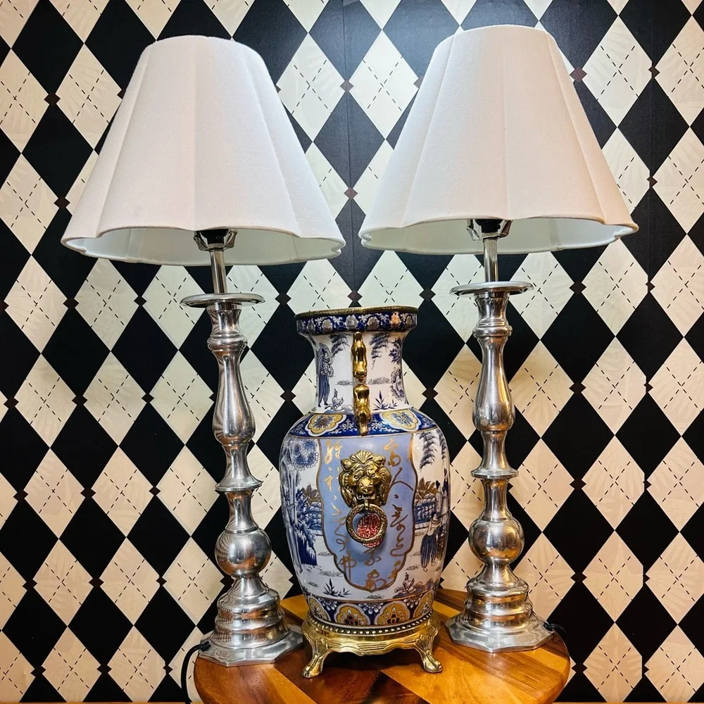 Luxury Tall Silver Table Lamp Pair – Sculptural Bases‎ with Scalloped Shades